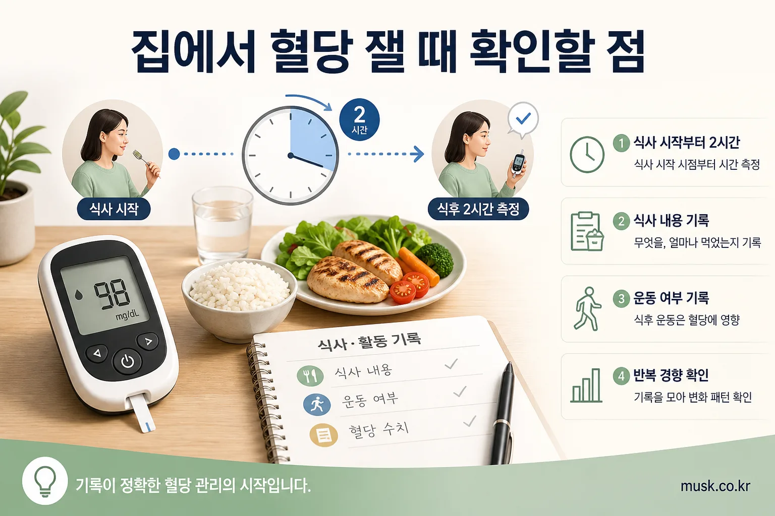 집에서 식후 혈당을 측정할 때 식사 시작 시점과 기록이 중요한 이유
