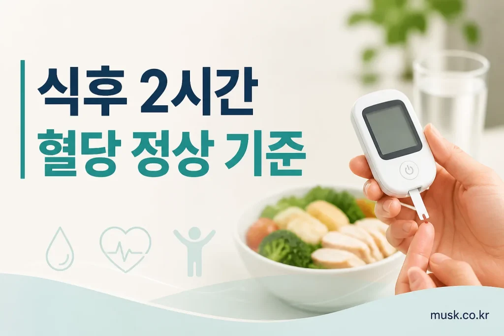 식후 2시간 혈당 정상 기준을 보여주는 혈당 측정기와 시계