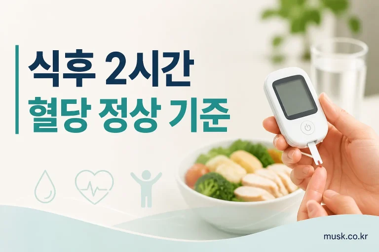 식후 2시간 혈당 정상 기준을 보여주는 혈당 측정기와 시계
