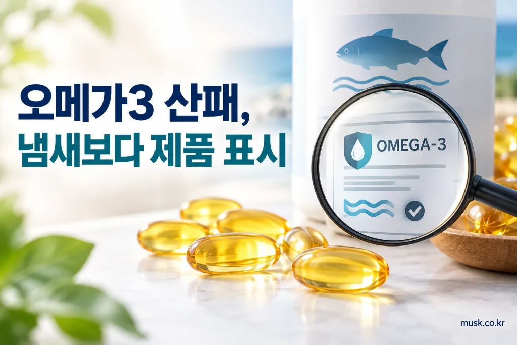 오메가3 캡슐과 제품 라벨을 통해 산패 여부를 확인하는 모습