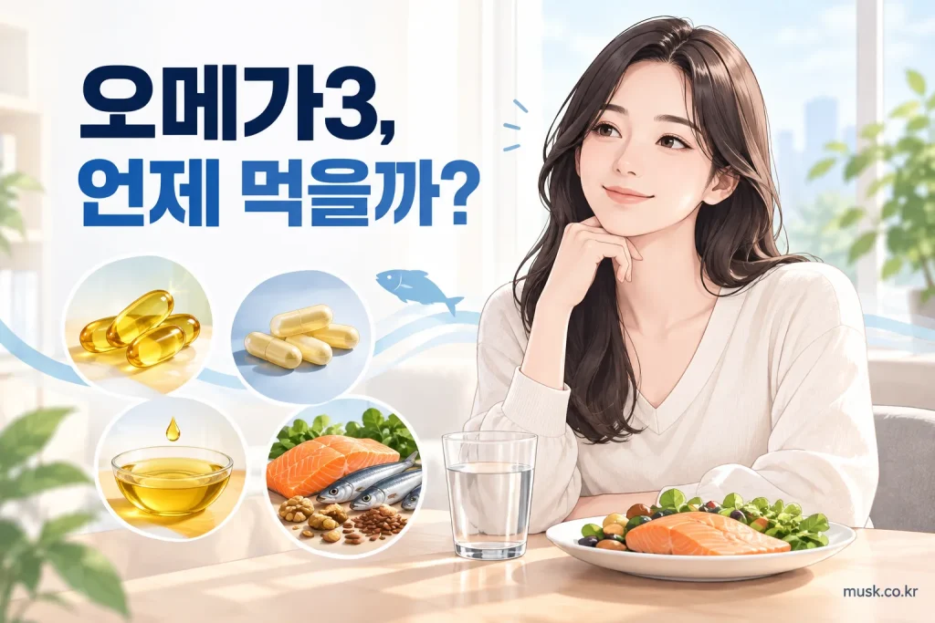 식사 중 또는 식사 직후 오메가3 복용을 안내하는 이미지
