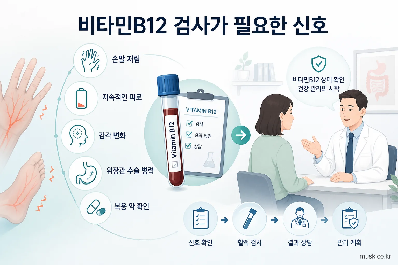 채식하는 사람은 비타민B12를 보충해야 하나? 6 비타민B12 부족이 의심될 때 증상과 검사 및 의료진 상담이 필요한 상황을 보여주는 이미지