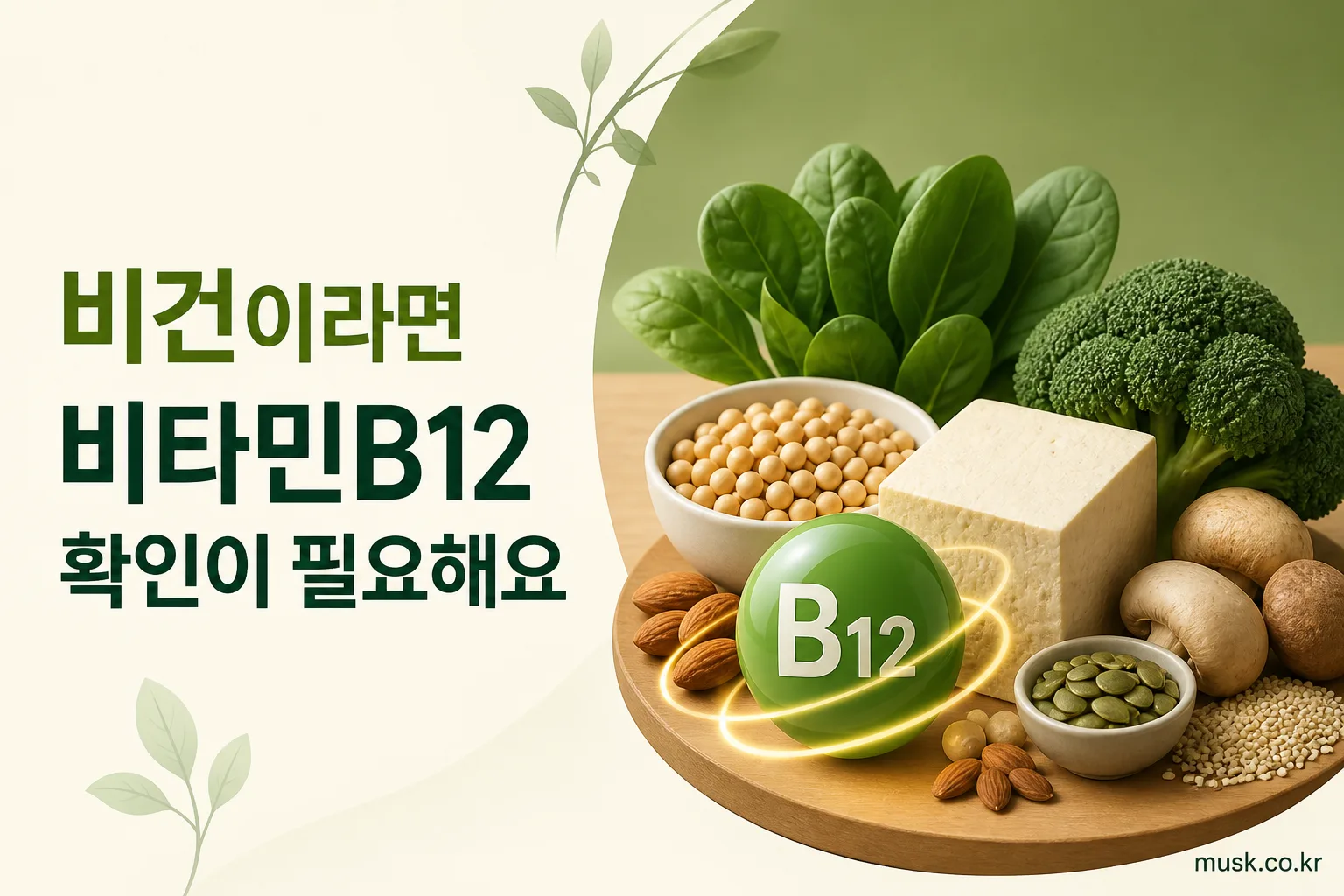 비건 식단에서 비타민B12 강화식품과 보충제 필요성을 설명하는 이미지