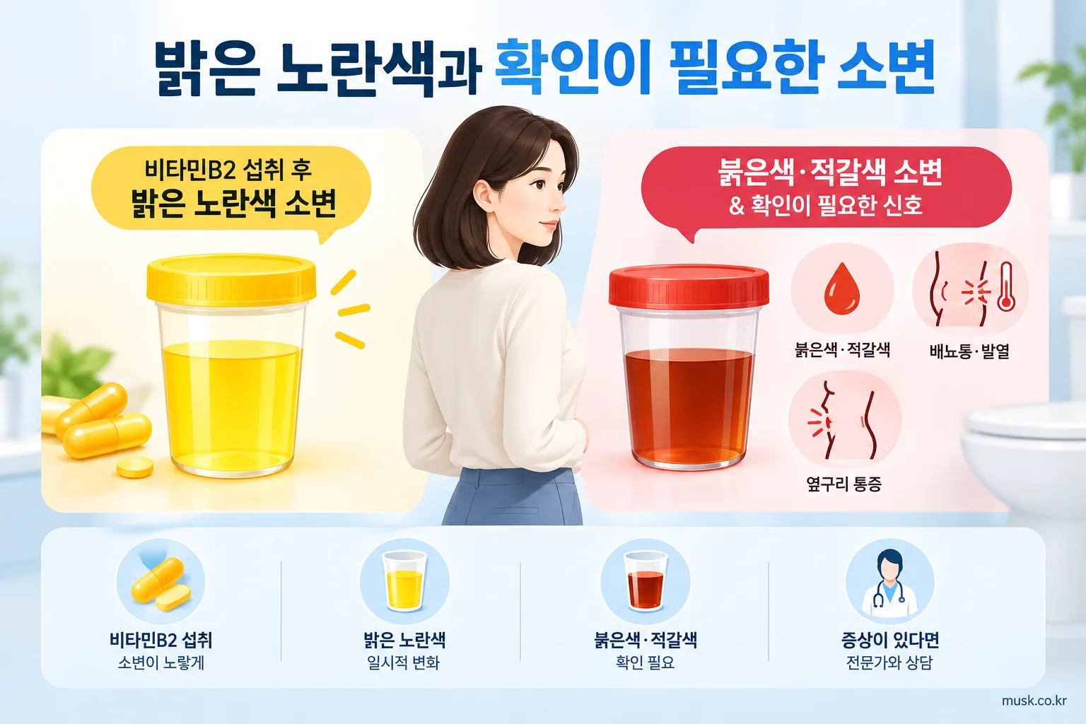 비타민B2를 먹으면 소변이 진한 노란색이 되는 이유 3 비타민B2로 인한 밝은 노란색과 진료가 필요한 소변 증상 비교