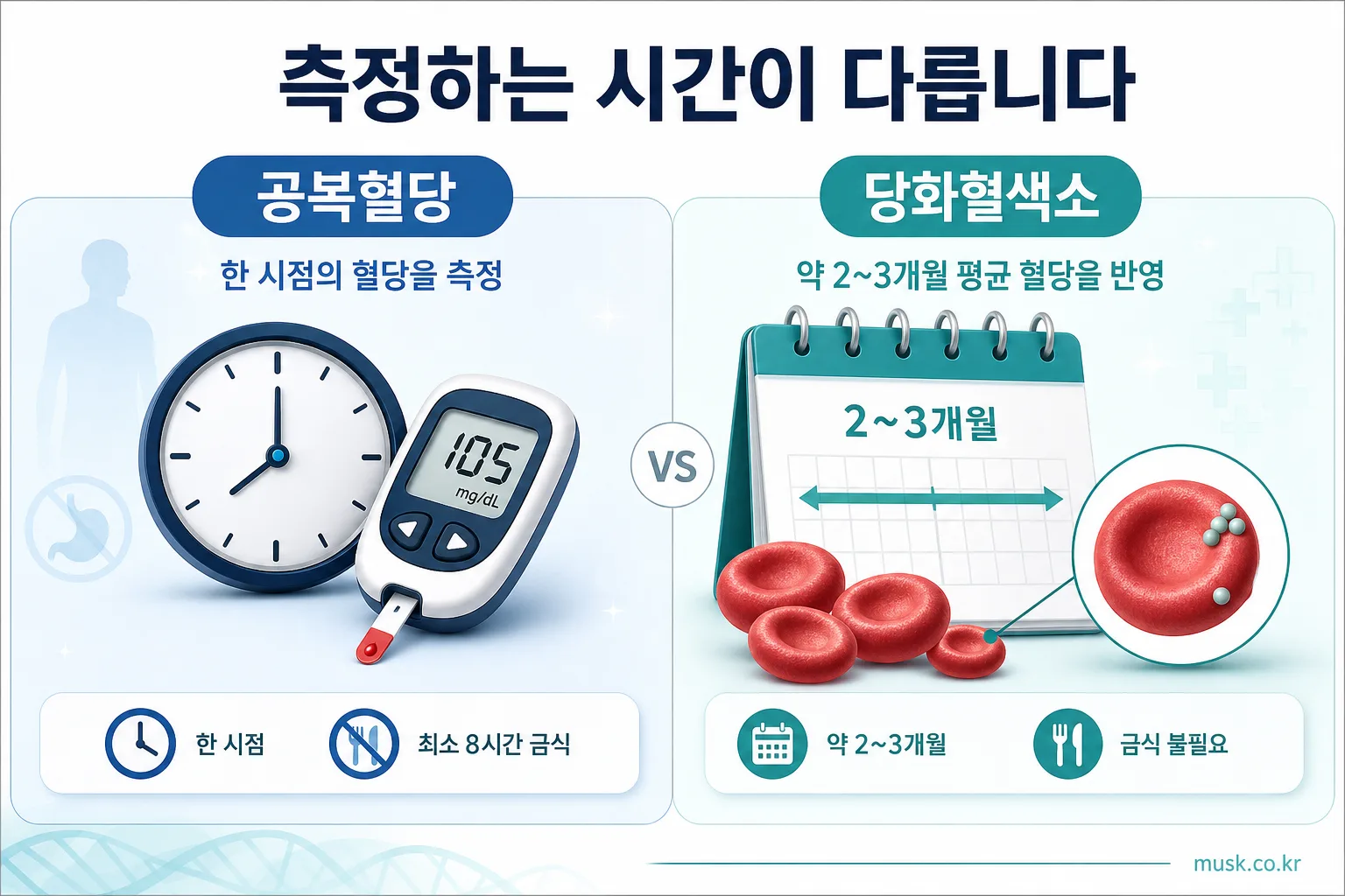 공복혈당은 특정 시점, 당화혈색소는 최근 약 2~3개월을 반영한다는 설명 이미지