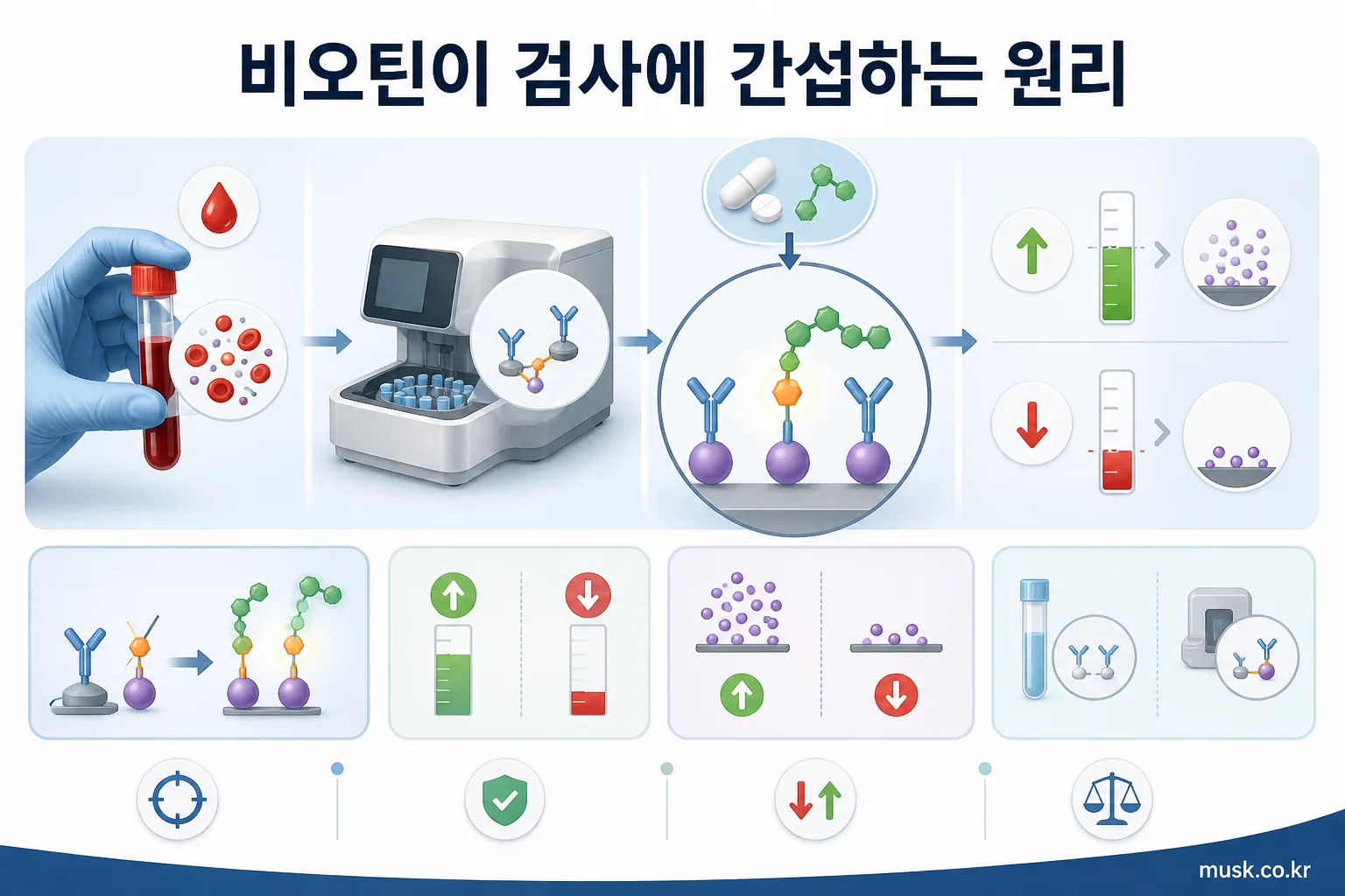 비오틴이 일부 면역검사의 측정 과정에 간섭할 수 있음을 보여주는 설명 이미지