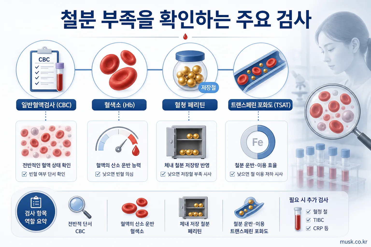철분 부족은 어떤 기준으로 확인하나? 혈액검사 항목과 보충을 고려할 때 5 일반혈액검사와 혈청 페리틴 등 철분 부족 확인 검사 항목