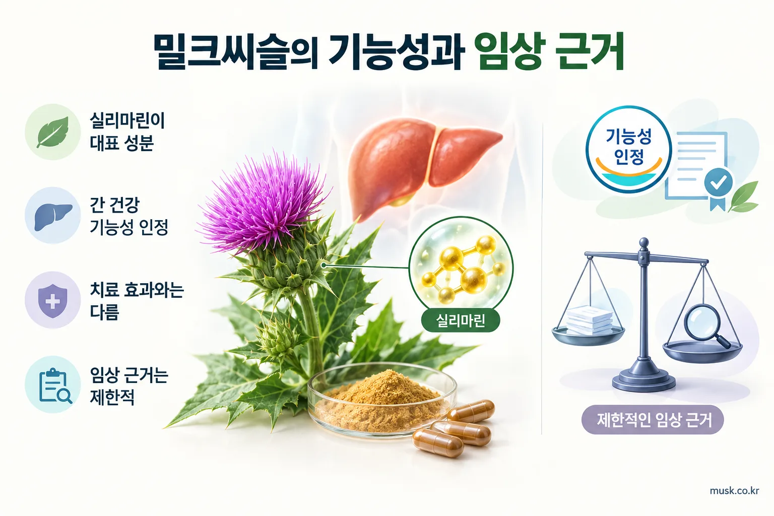 밀크씨슬은 간 건강에 도움이 될까? 섭취 전 확인할 근거와 주의점 2 밀크씨슬 실리마린의 기능성과 제한적인 임상 근거를 설명하는 이미지