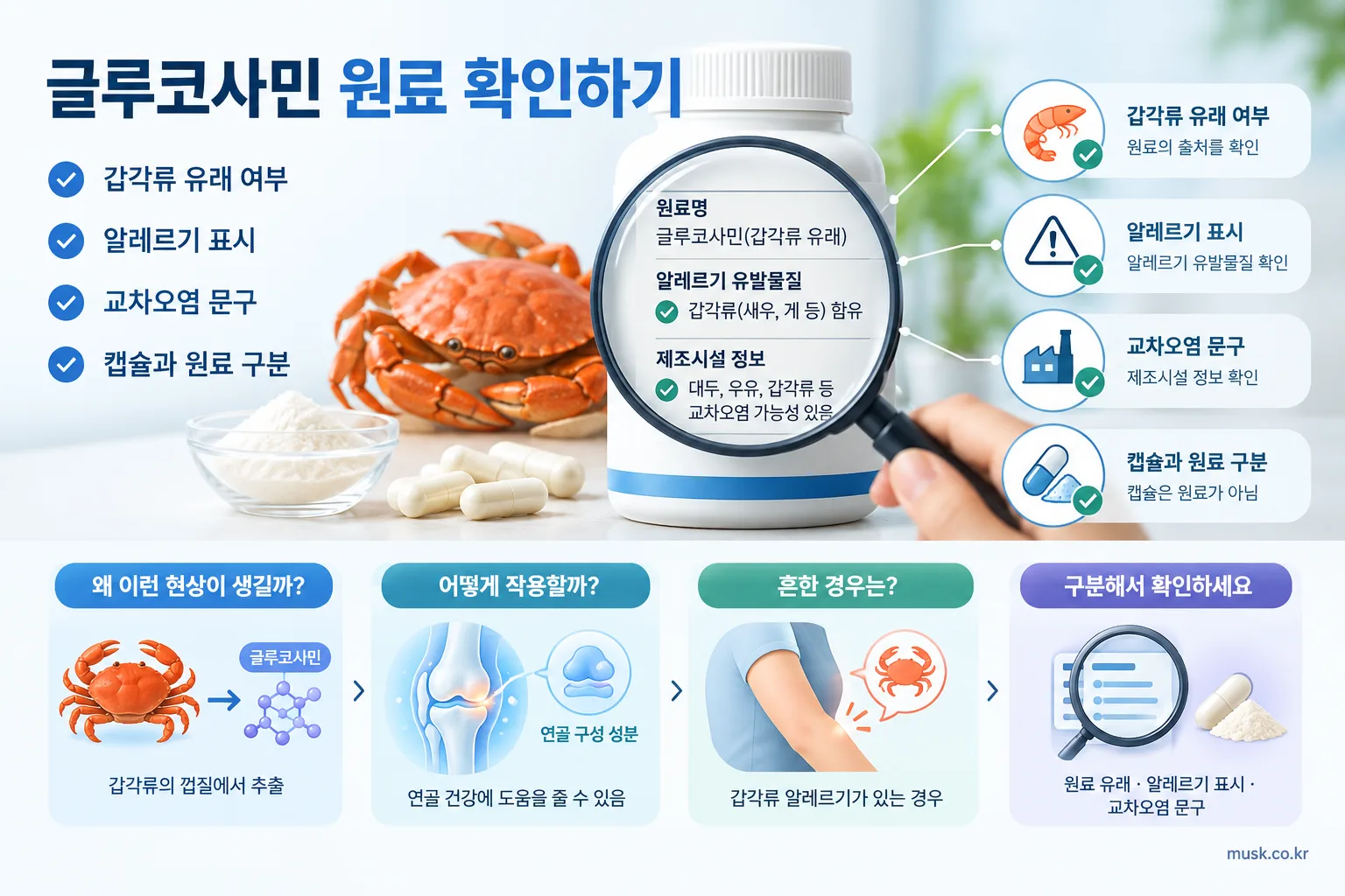 갑각류 알레르기가 있으면 글루코사민을 먹어도 될까 2 글루코사민 제품의 원료 유래와 알레르기 표시를 확인하는 모습