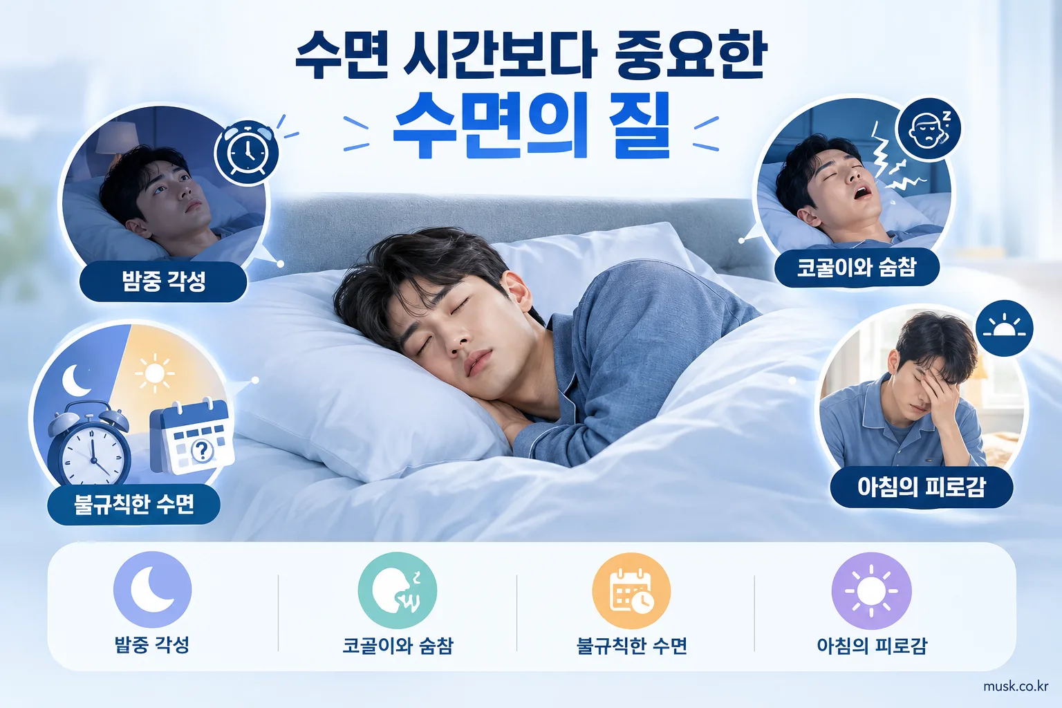 잠을 충분히 자도 피곤한 이유는 무엇인가 2 수면의 질과 수면무호흡, 밤중 각성을 설명하는 이미지