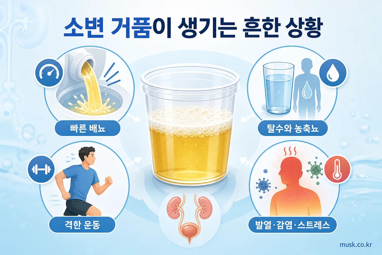 소변에 거품이 생기는 이유, 일시적인 현상과 검사가 필요한 경우 5 빠른 배뇨와 탈수, 운동, 발열 등 소변 거품의 일시적인 원인