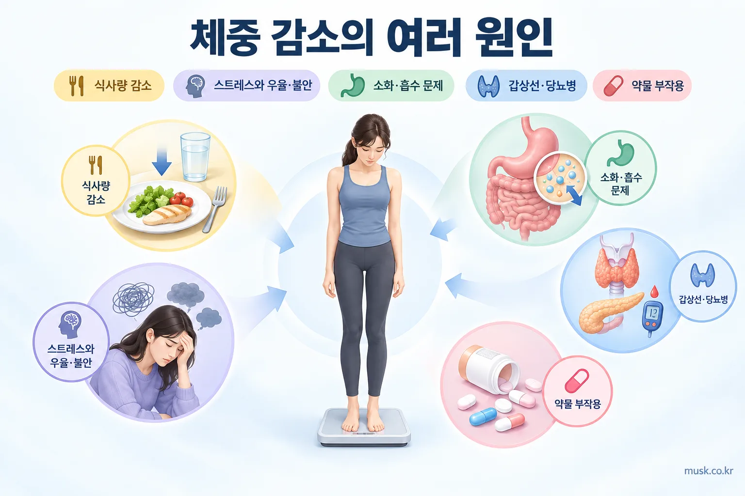 식단이나 운동을 바꾸지 않았는데 살이 빠지는 이유 2 스트레스와 식사량 감소부터 소화기 질환과 내분비 질환까지 체중 감소의 여러 원인을 보여주는 이미지