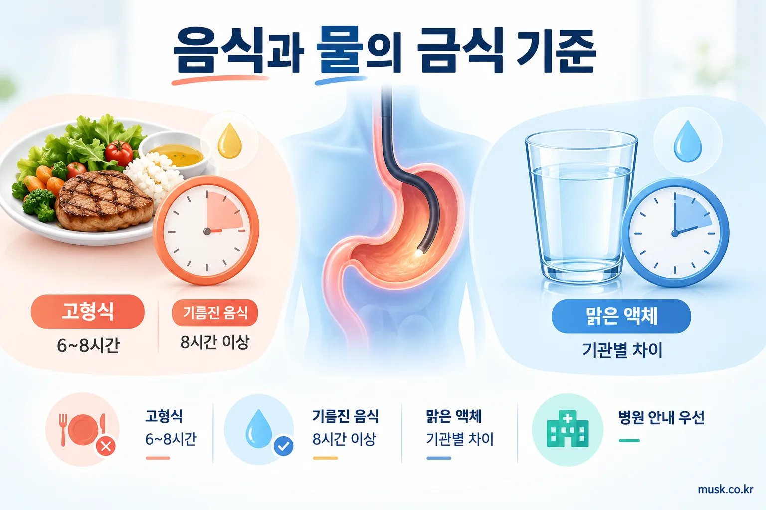 위내시경 전 금식시간과 물을 마셔도 되는지 알아보기 2 위내시경 전 고형식과 물의 금식 기준을 비교한 인포그래픽