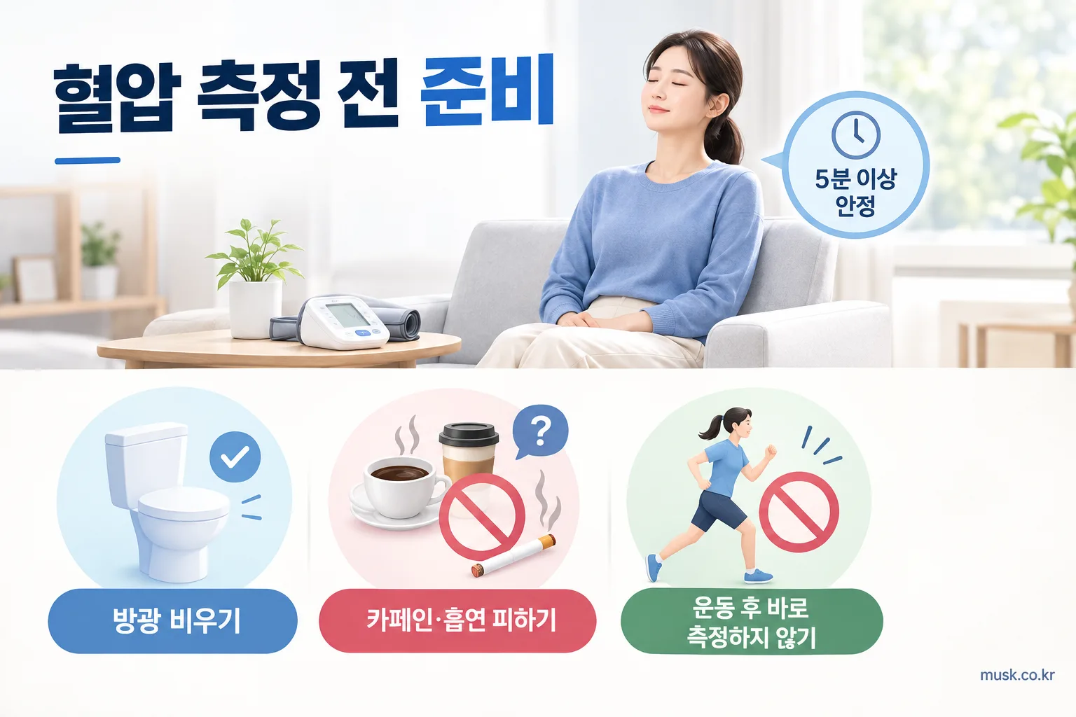 혈압 측정 전 5분 안정과 카페인 및 운동을 피하는 준비 과정