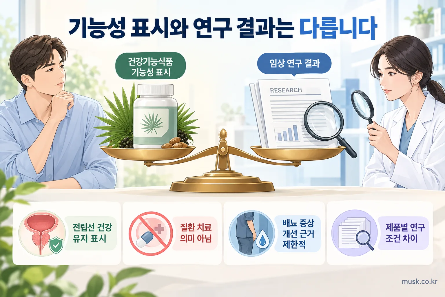쏘팔메토, 전립선 건강에 도움이 될까? 기능성 표시와 연구 근거 살펴보기 2 쏘팔메토 건강기능식품 기능성 표시와 연구 결과의 차이를 비교한 인포그래픽