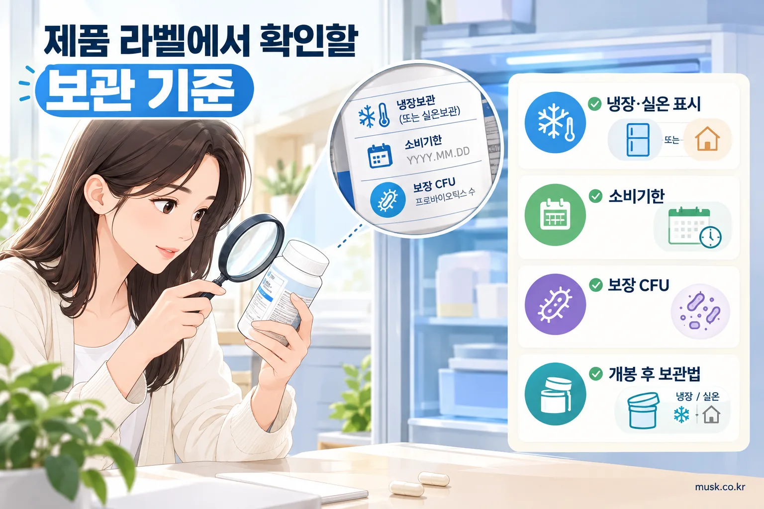 프로바이오틱스는 냉장 보관해야 하나? 제품 표시에서 확인할 기준 2 프로바이오틱스 제품 라벨에서 냉장·실온 보관과 소비기한을 확인하는 모습