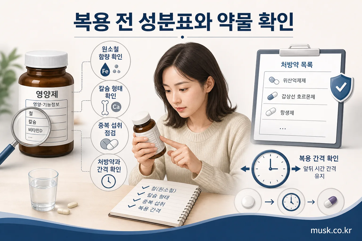 칼슘과 철분 같이 먹어도 되나? 흡수에 미치는 영향과 복용 간격 6 철분과 칼슘 영양제의 성분표와 의약품 상호작용을 확인하는 이미지