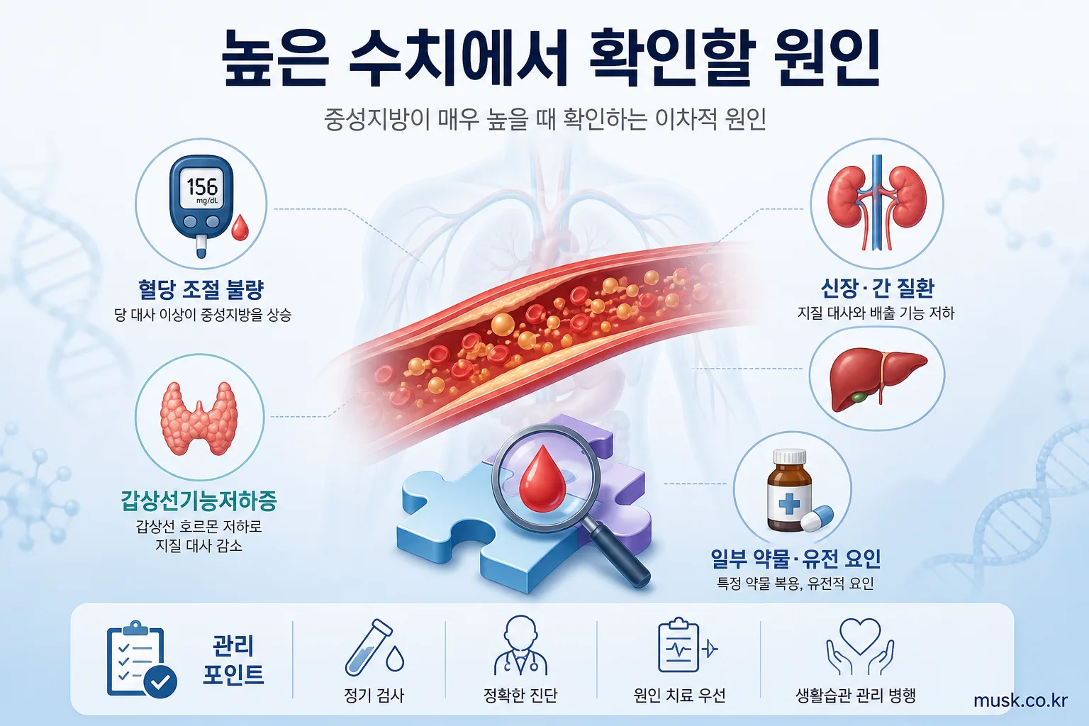 혈당 조절 불량과 신장·간 질환, 갑상선기능저하증, 약물 및 유전 요인