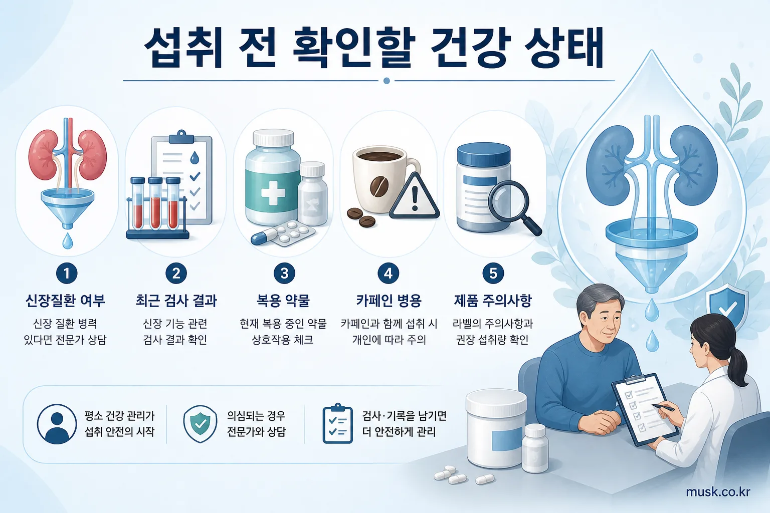 크레아틴 섭취 전 신장 건강과 복용 약물을 확인하는 모습