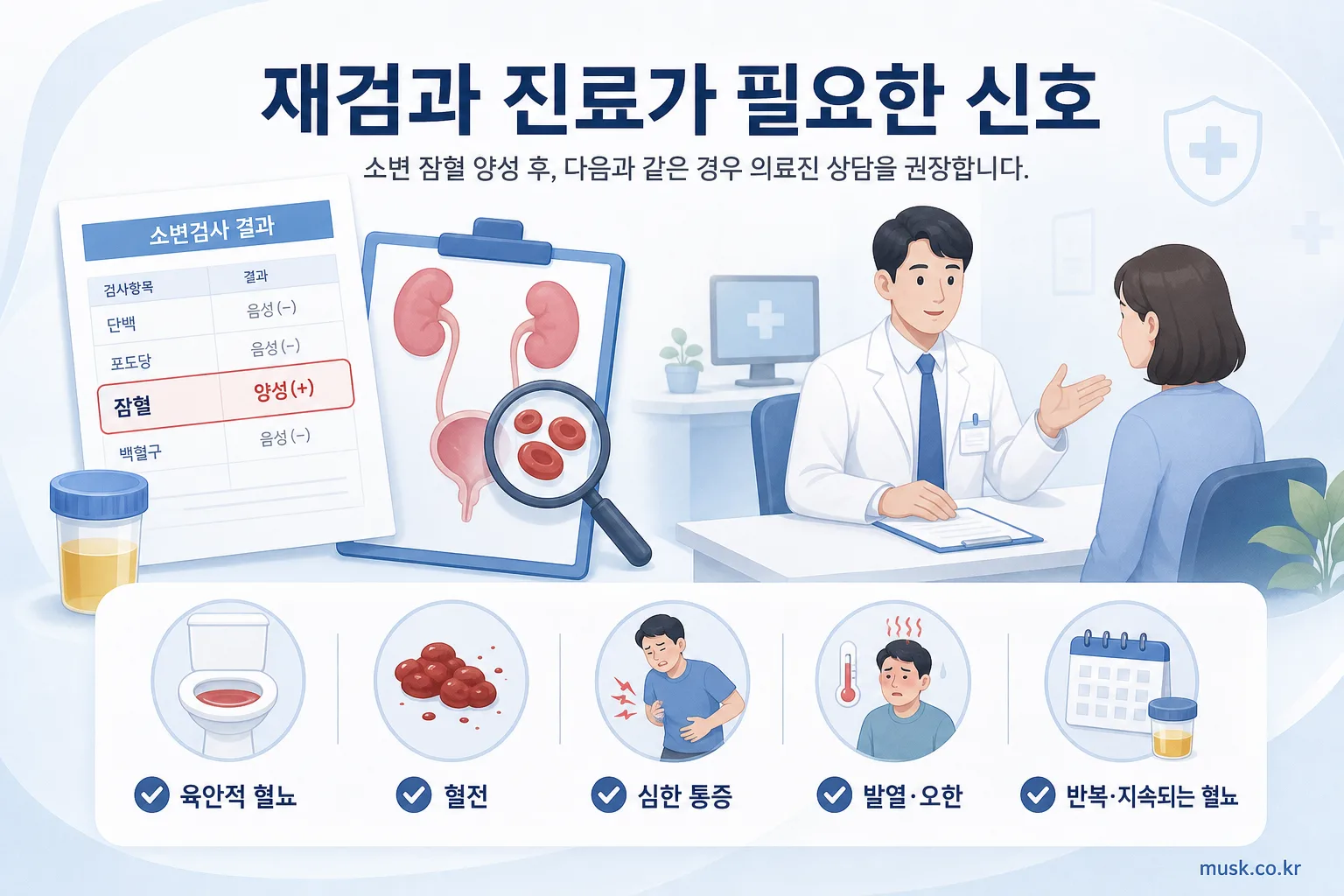 소변검사에서 잠혈 양성이 나오는 이유와 확인할 검사 6 소변 잠혈 양성 후 진료가 필요한 증상을 설명하는 이미지
