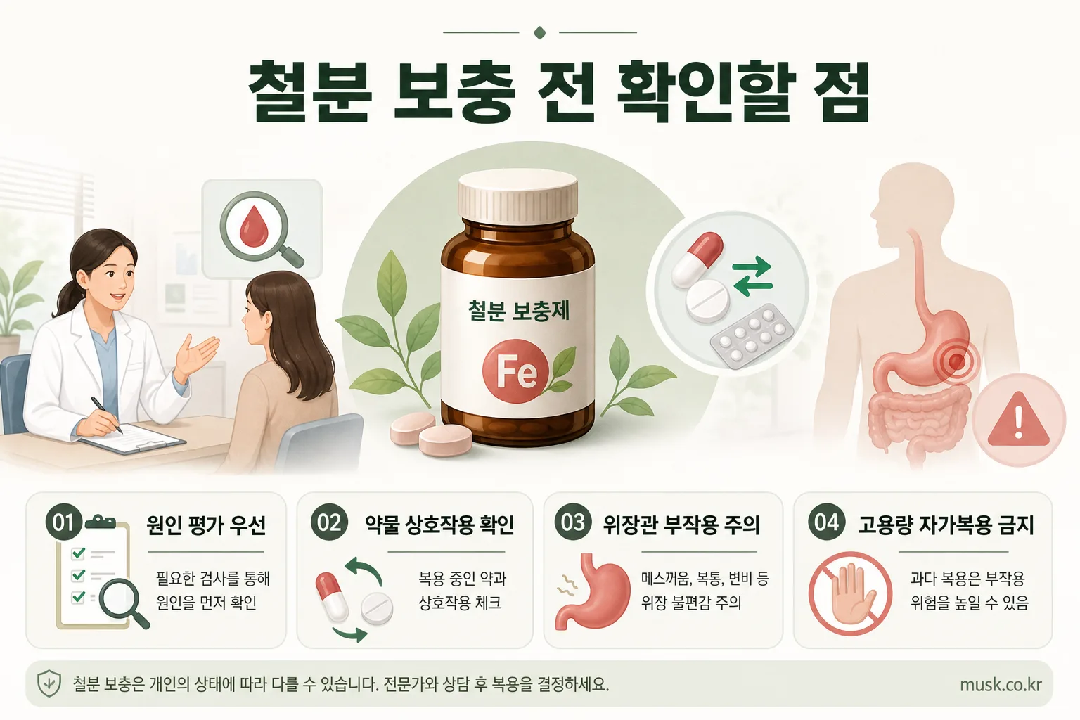 철분 부족은 어떤 기준으로 확인하나? 혈액검사 항목과 보충을 고려할 때 6 철분 보충 전 원인과 약물 상호작용을 확인하는 모습