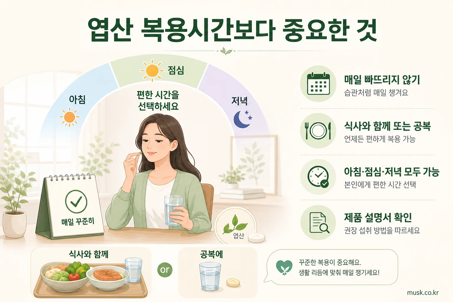 임신 준비 중 엽산은 언제부터 먹어야 할까 3 엽산은 특정 시간보다 매일 복용하는 습관이 중요하다는 내용을 보여주는 이미지