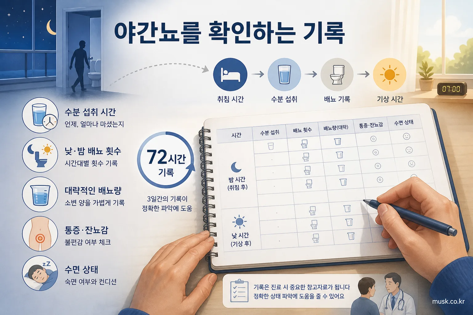 밤에 자다가 소변을 보러 가는 이유, 야간뇨가 생기는 원인 3 수분 섭취와 낮밤 배뇨를 기록하는 배뇨일지