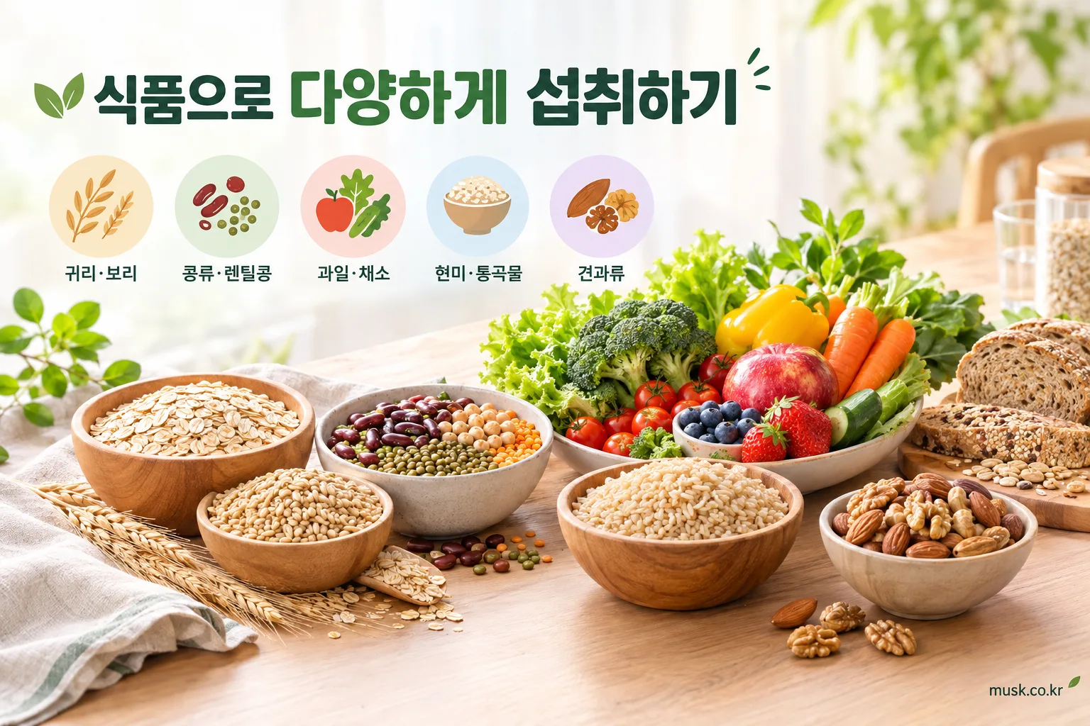 수용성 식이섬유와 불용성 식이섬유는 어떻게 다를까 3 귀리, 콩류, 과일, 채소, 현미 등 식이섬유가 포함된 다양한 식품