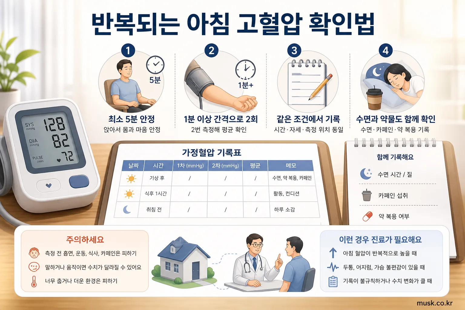 정확한 가정혈압 측정 방법과 기록 항목을 보여주는 인포그래픽