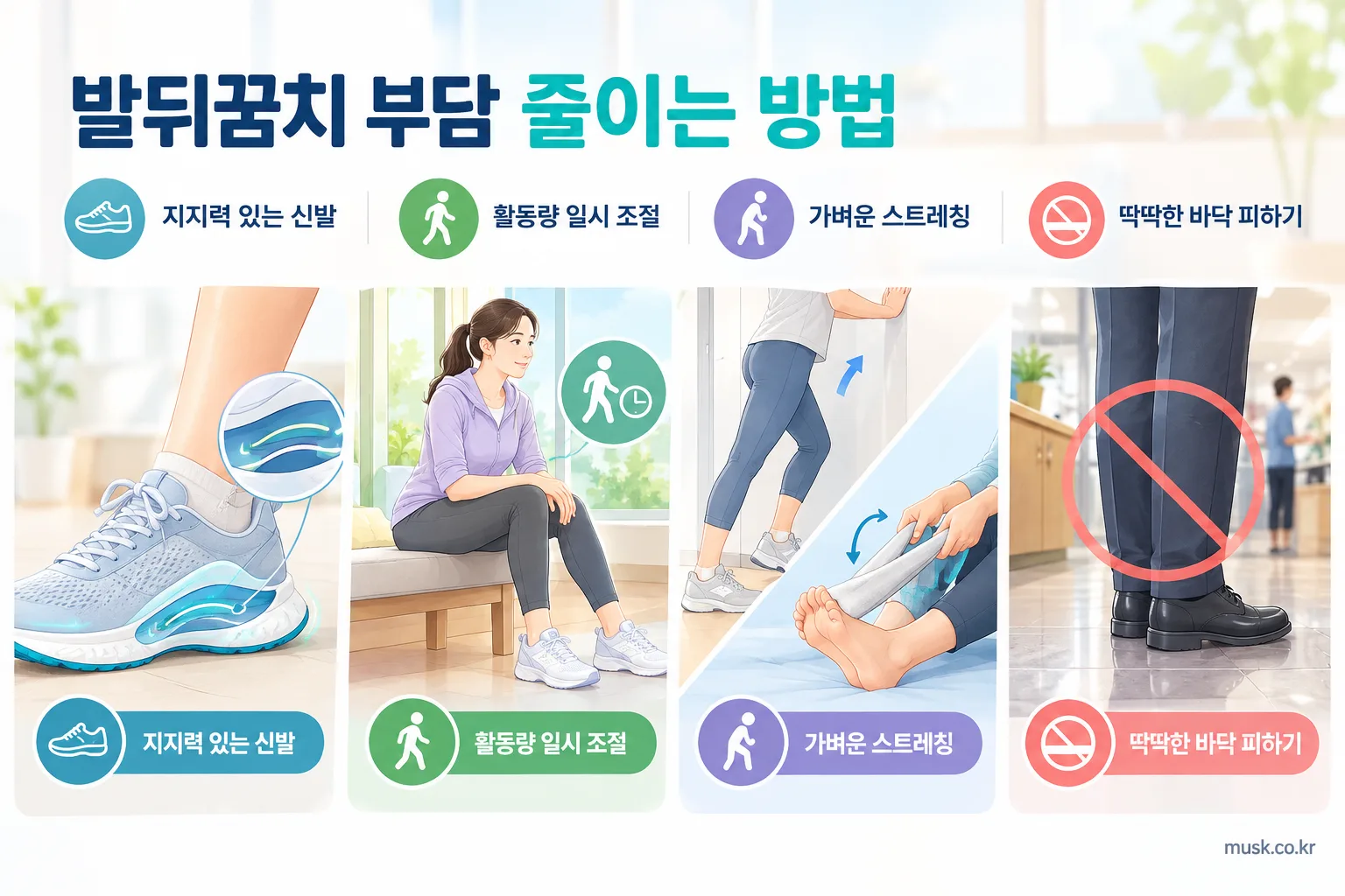 지지력 있는 신발과 발바닥 및 종아리 스트레칭으로 발뒤꿈치 부담을 줄이는 방법