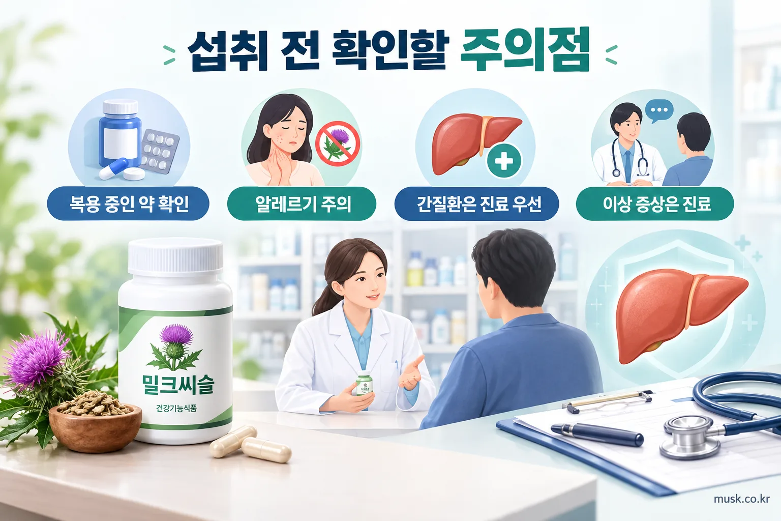 밀크씨슬은 간 건강에 도움이 될까? 섭취 전 확인할 근거와 주의점 3 밀크씨슬 섭취 전 약물 상호작용과 주의점을 확인하는 이미지