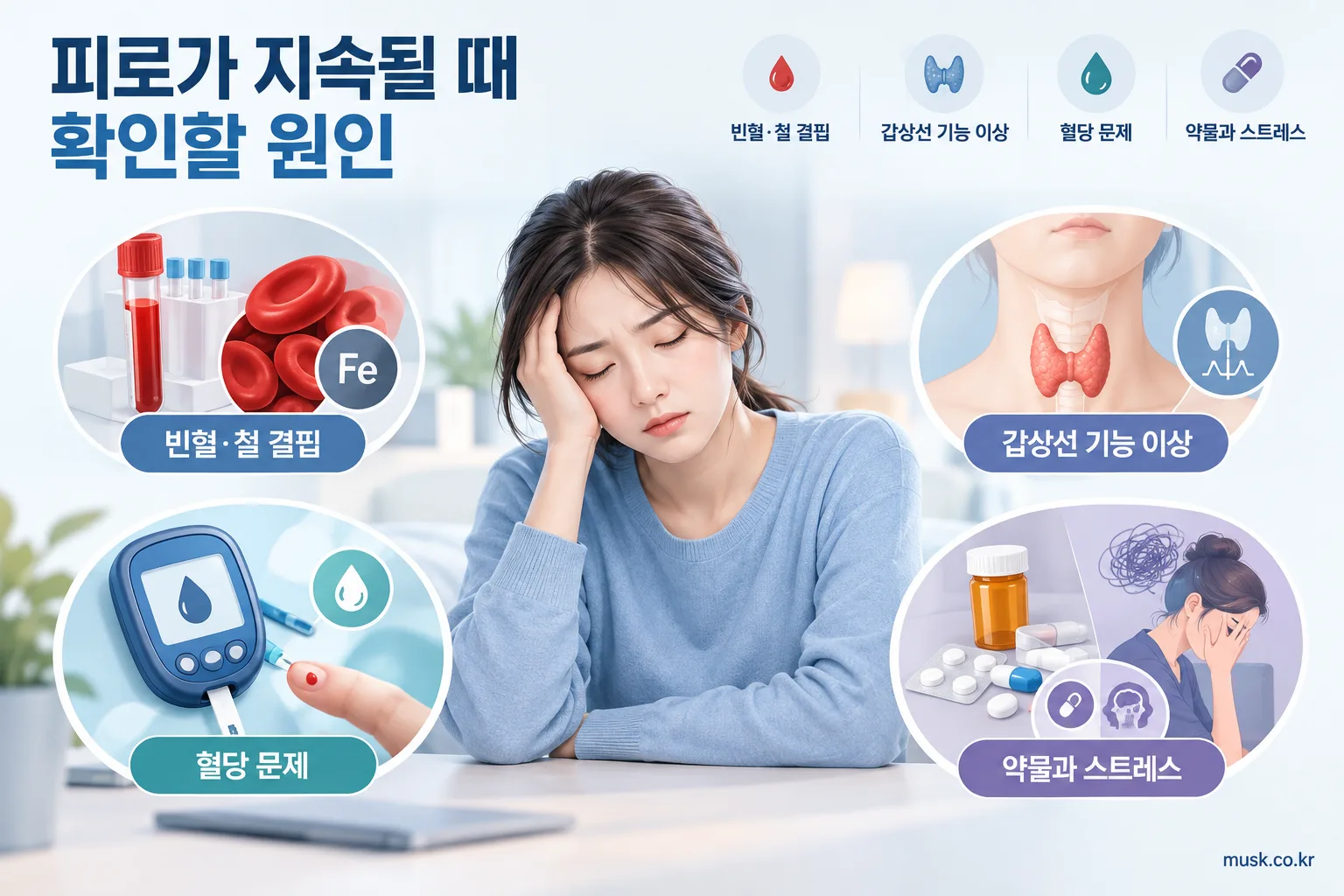 잠을 충분히 자도 피곤한 이유는 무엇인가 3 지속되는 피로와 관련된 빈혈, 갑상선, 혈당, 약물 요인을 설명하는 이미지