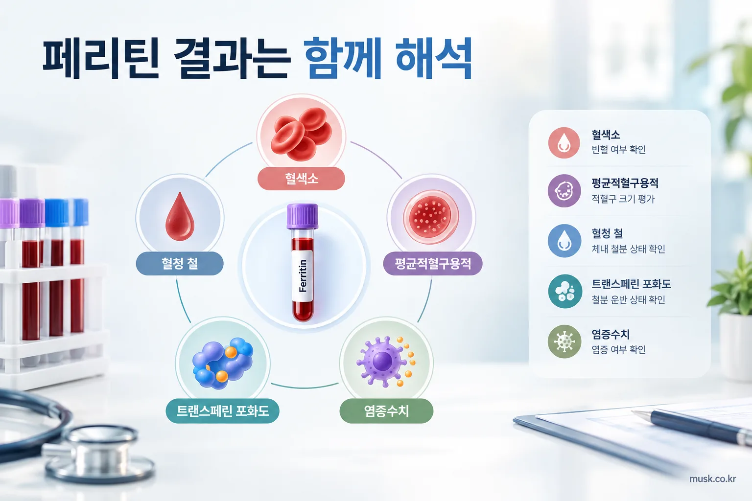 혈액검사에서 페리틴 수치가 낮게 나오는 이유 3 페리틴과 혈색소 및 철분 관련 검사를 함께 해석하는 이미지