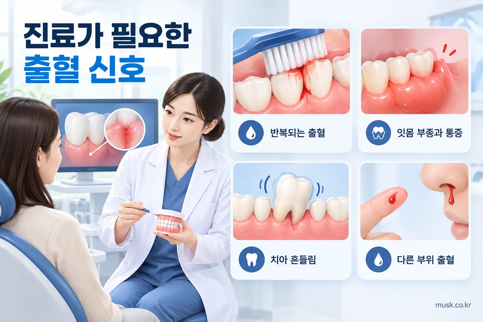 양치할 때 잇몸에서 피가 나는 이유와 확인할 점 3 반복되는 잇몸 출혈과 잇몸 부종 등 진료가 필요한 신호를 보여주는 일러스트