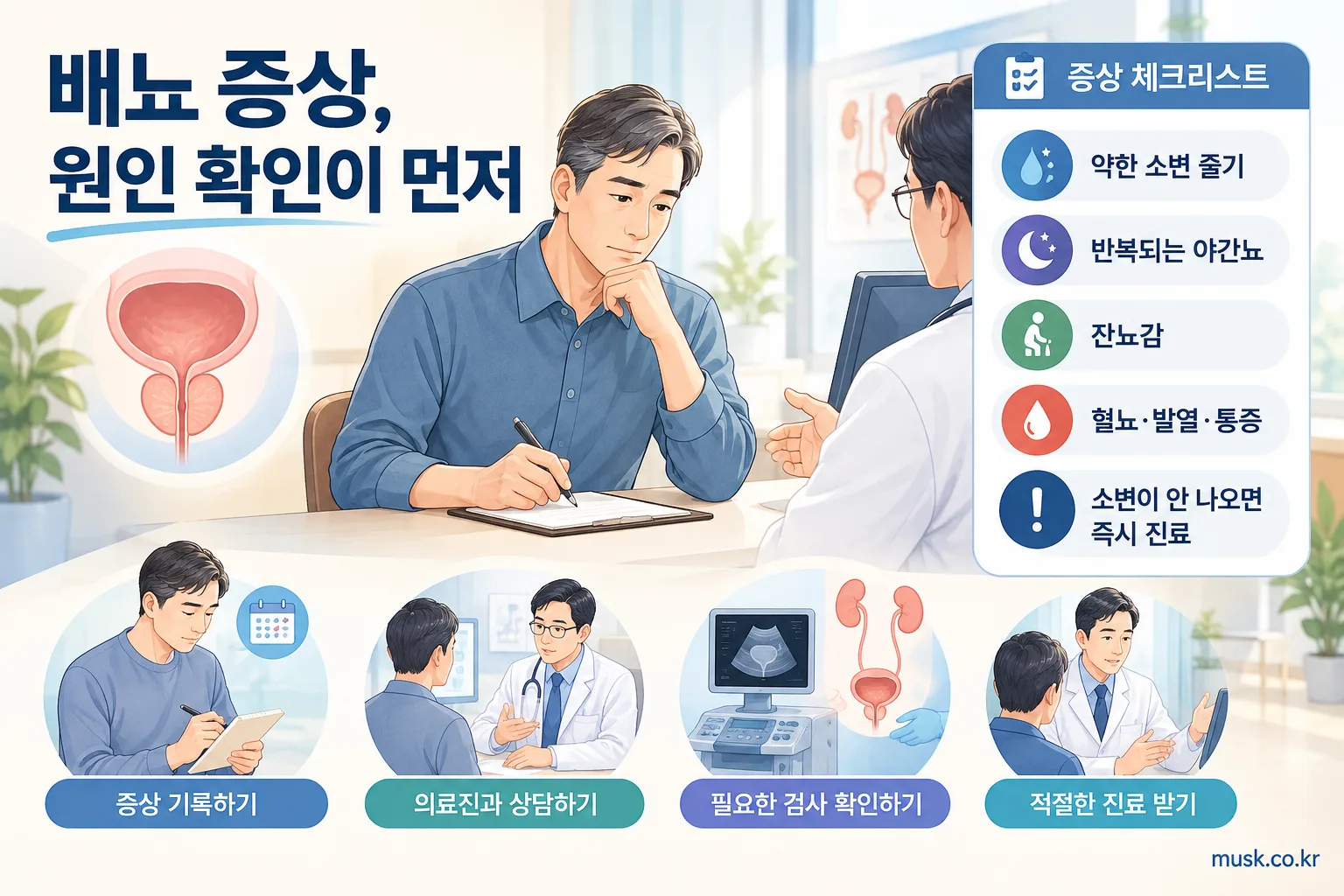 쏘팔메토, 전립선 건강에 도움이 될까? 기능성 표시와 연구 근거 살펴보기 3 잦은 배뇨와 야간뇨 등 전립선 관련 증상 및 진료 필요 신호를 설명하는 이미지