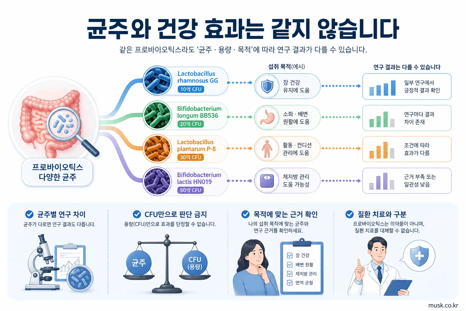 프로바이오틱스 균주별 연구 차이와 CFU 확인 기준을 설명하는 인포그래픽