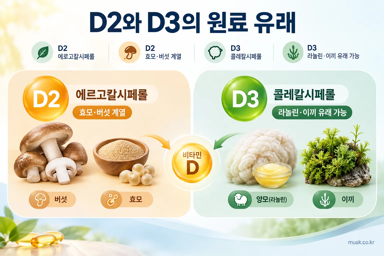 비타민D2와 D3는 어떻게 다를까? 원료 형태와 선택 기준 2 비타민D2와 비타민D3의 원료 유래를 비교한 인포그래픽