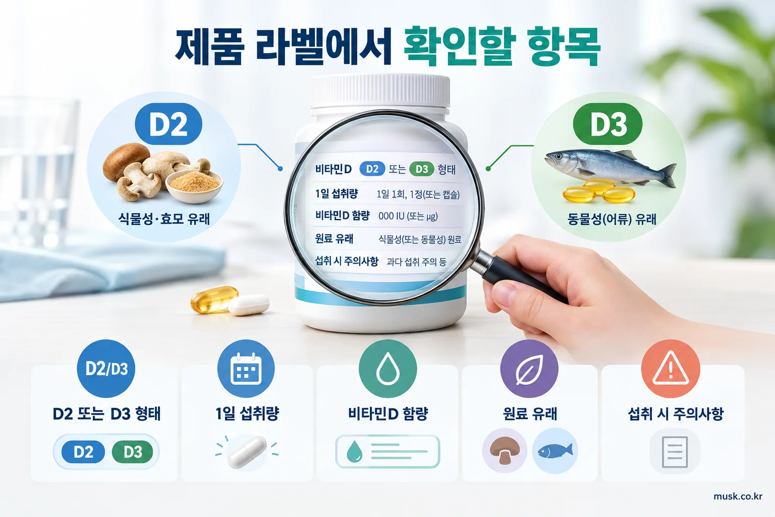 비타민D2와 D3는 어떻게 다를까? 원료 형태와 선택 기준 3 비타민D 제품 라벨에서 형태와 함량 및 원료 유래를 확인하는 방법