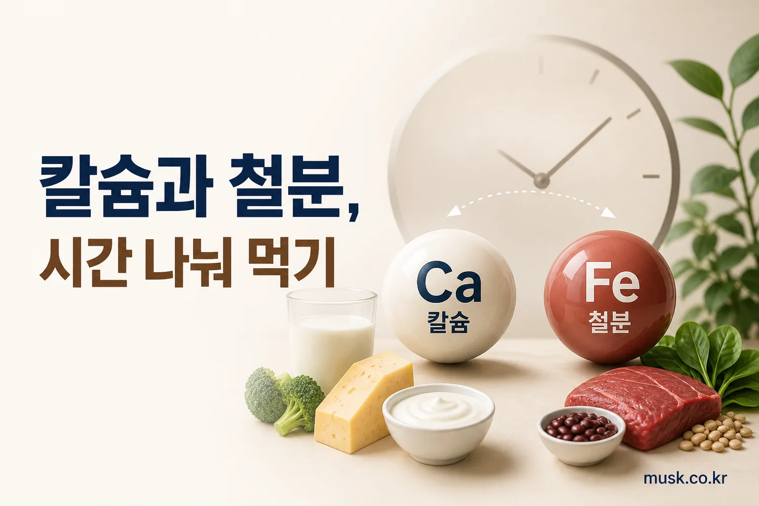 칼슘과 철분 영양제를 서로 다른 시간대에 섭취하는 방법을 나타낸 이미지