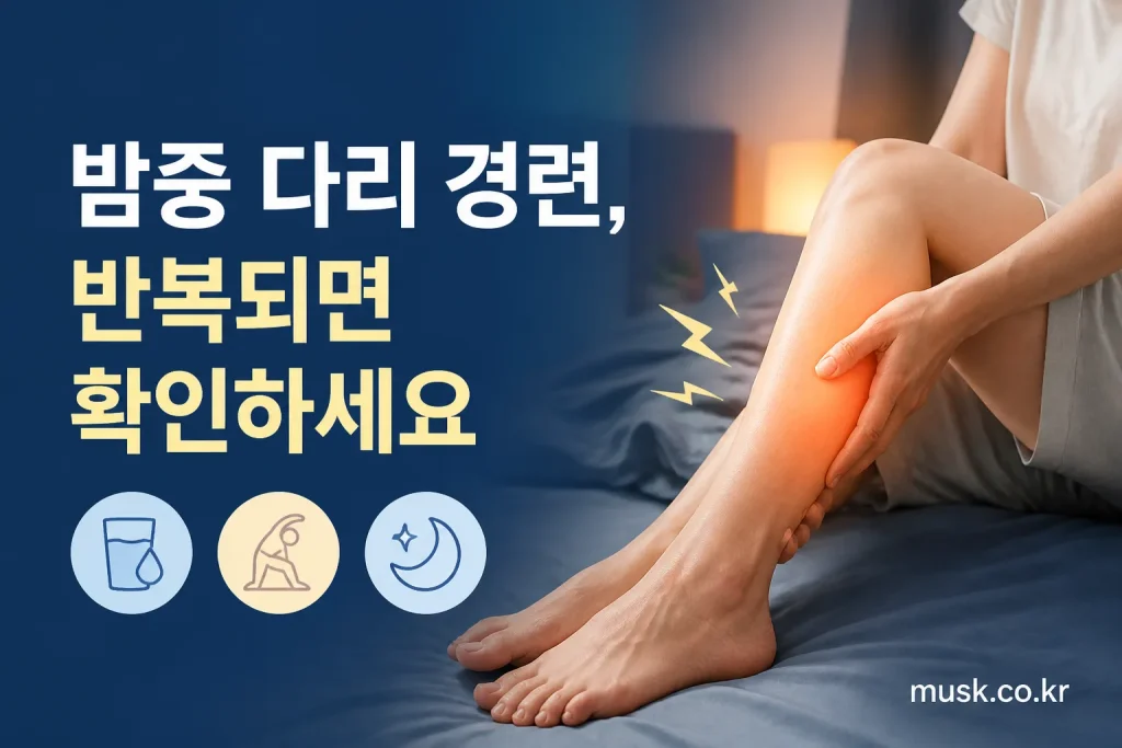 잠에서 깬 성인이 종아리를 잡고 야간 다리 경련에 대처하는 모습