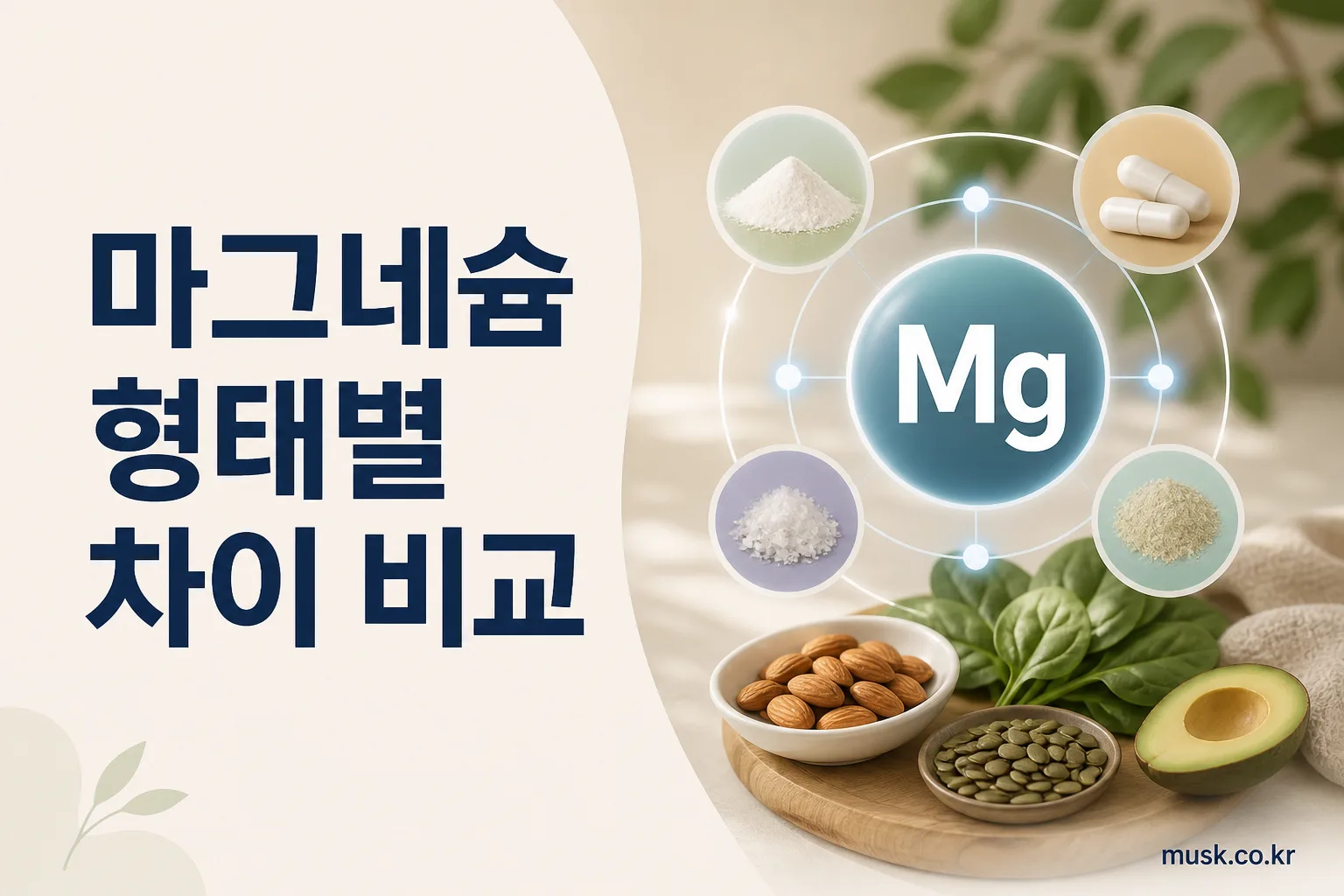 구연산 마그네슘과 산화 마그네슘 등 형태별 차이를 비교하는 이미지