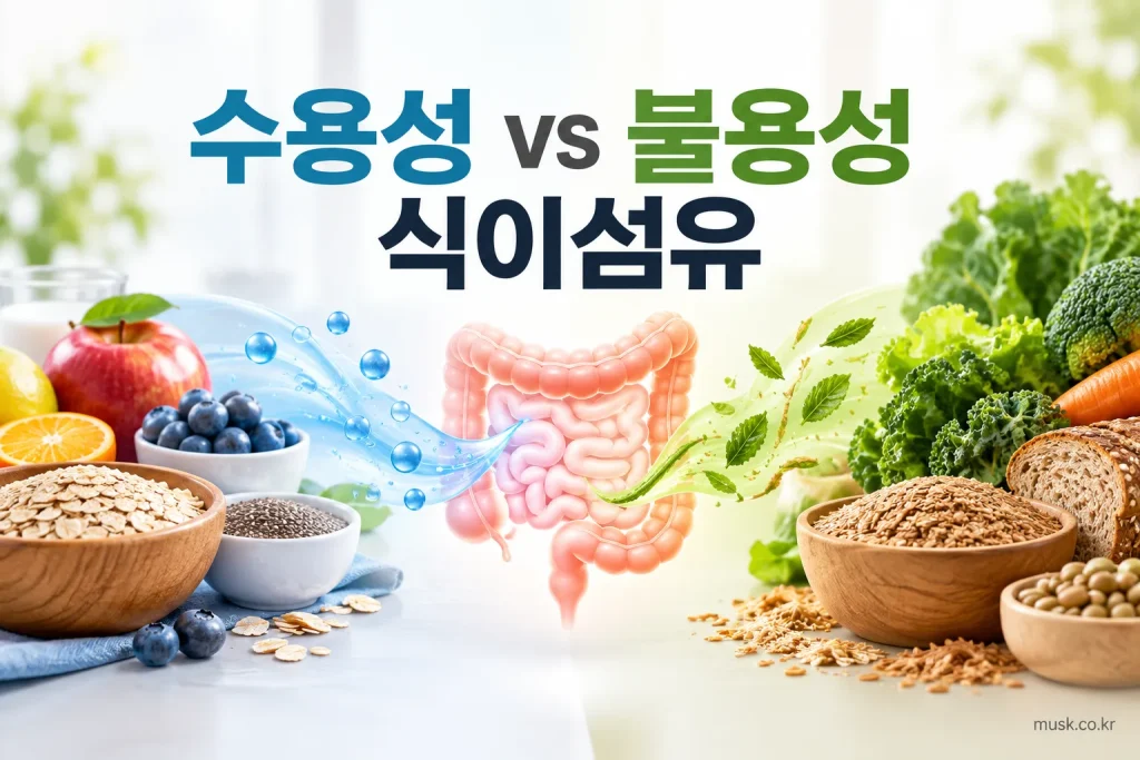 수용성 식이섬유와 불용성 식이섬유의 주요 차이를 비교한 이미지