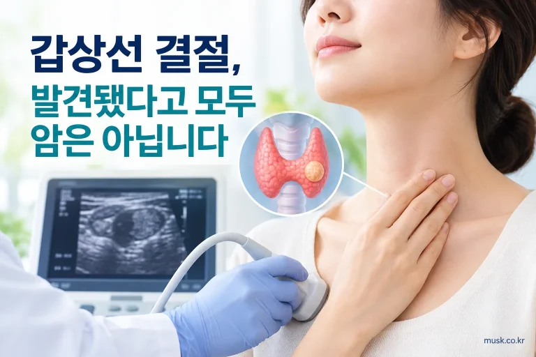 갑상선 초음파에서 보이는 결절과 검사 결과를 설명하는 의료 일러스트