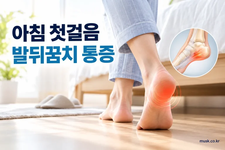 아침에 일어나 발뒤꿈치 통증으로 조심스럽게 첫발을 디디는 성인