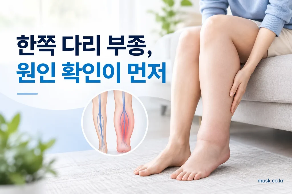 한쪽 다리가 다른 쪽보다 부어 있는 모습과 부종 원인 확인 안내