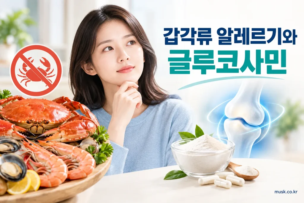 갑각류 알레르기와 글루코사민 섭취 전 주의사항을 보여주는 이미지