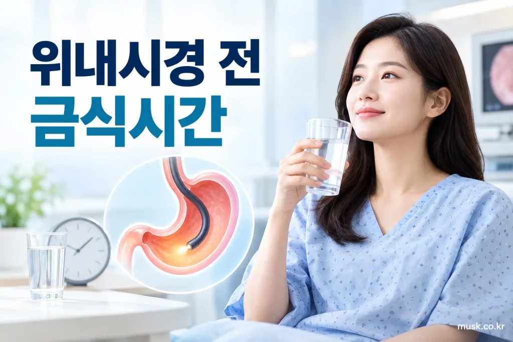 위내시경 전 금식시간과 물 섭취 기준을 보여주는 이미지