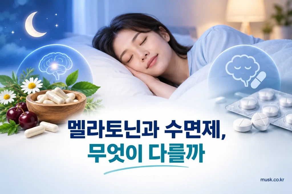 멜라토닌 건강기능식품과 수면제의 차이를 비교한 대표 이미지
