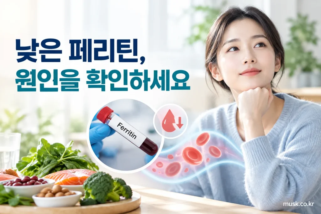 혈액검사에서 낮은 페리틴 수치와 원인 확인을 설명하는 이미지