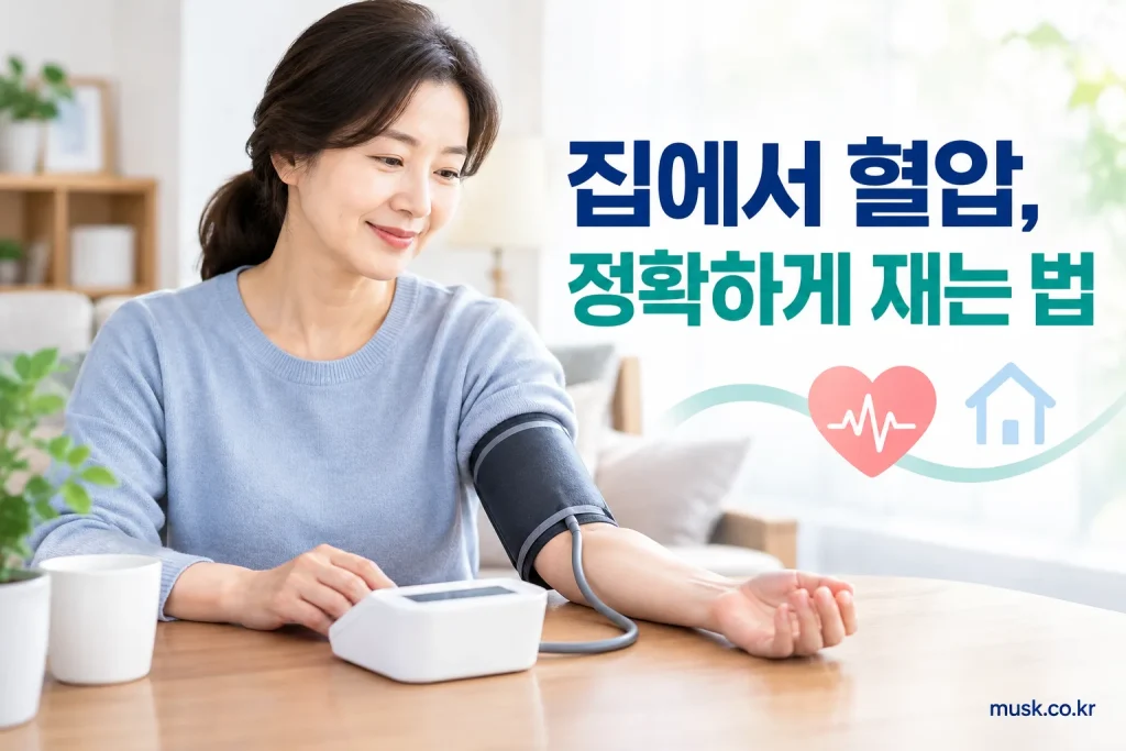 집에서 자동 위팔혈압계로 혈압을 정확하게 측정하는 성인